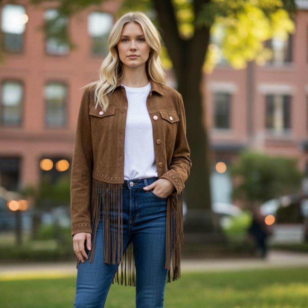Diesel Western Suede Fringe‎ Jacket Women Brown Cropped Button Front Boho Style